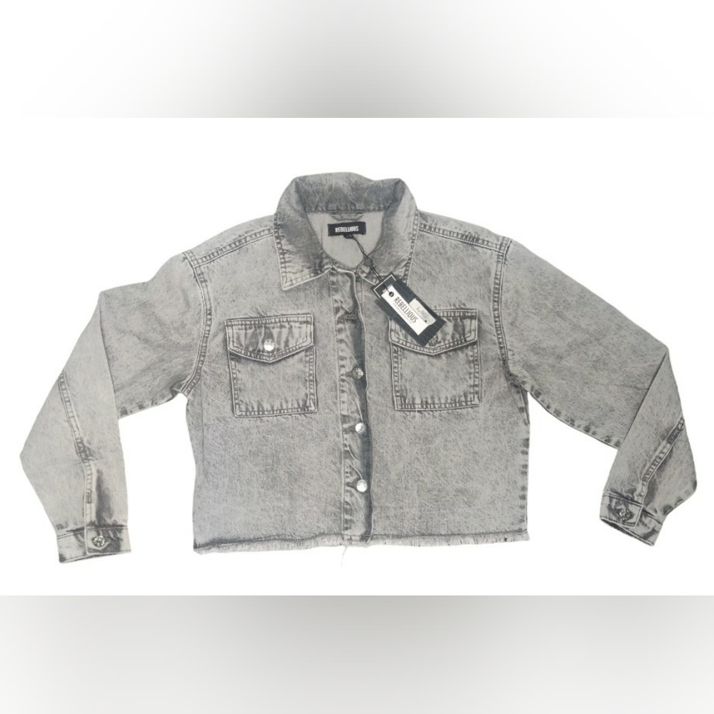 Rebellious Cropped Jean Jacked Distressed Hem Gray Small